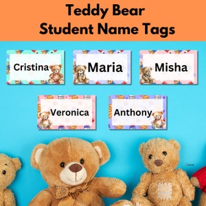 May include: Five colorful name tags with teddy bear designs and the names Cristina, Maria, Misha, Veronica, and Anthony. The tags are on a blue background with teddy bears.