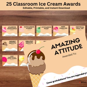 May include: A set of 25 printable ice cream cone award certificates for students. The certificates feature different awards such as "Academic Excellence", "Outstanding Student", "Outstanding Effort", "Most Improved", "Individual Goal Met", "Highest Growth", "Greatest Growth", and "Most Improved in Social Studies". The certificates are decorated with colorful ice cream cones and the text "Cone-gratulations! You are legendairy!"
