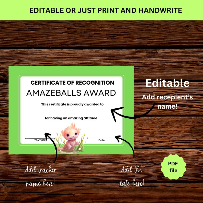 Printable Axolotl Achievement Awards for End of School Year Celebration