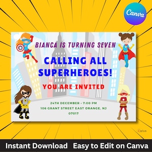 Editable Birthday Invitation, Canva Download, Printable Superhero Birthday Invite, Editable Party Invite, Superhero Girls