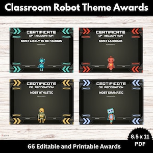 Könnte beinhalten: Vier druckbare Zertifikate zum Thema Roboter. Jedes Zertifikat zeigt eine andere Roboterillustration und einen anderen Auszeichnungtitel: Most Likely to Be Famous, Most Laidback, Most Athletic und Most Dramatic. Die Zertifikate sind 8,5 Zoll mal 11 Zoll groß.