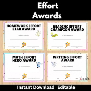 Może przedstawiać: Cztery kolorowe, drukowane "Effort Awards" z tekstami: "Homework Effort Star Award", "Reading Effort Champion Award", "Math Effort Hero Award" i "Writing Effort Award". Każda nagroda ma miejsce na imię, datę i nauczyciela.