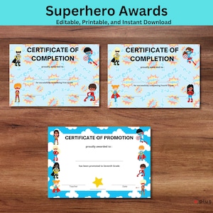 Superhero Awards for Students Editable Certificates for Boys and Girls