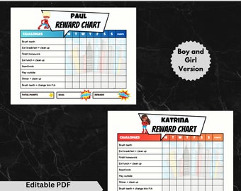 May include: Printable superhero reward chart for kids. The chart features a boy and girl superhero character with a grid for tracking daily tasks and rewards. The chart includes a list of challenges such as brushing teeth, eating breakfast, and finishing homework.