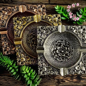Retro Embossed Pattern Ashtray, Desktop Decorative Metal Ornaments, Round And Square Desktop Ashtrays