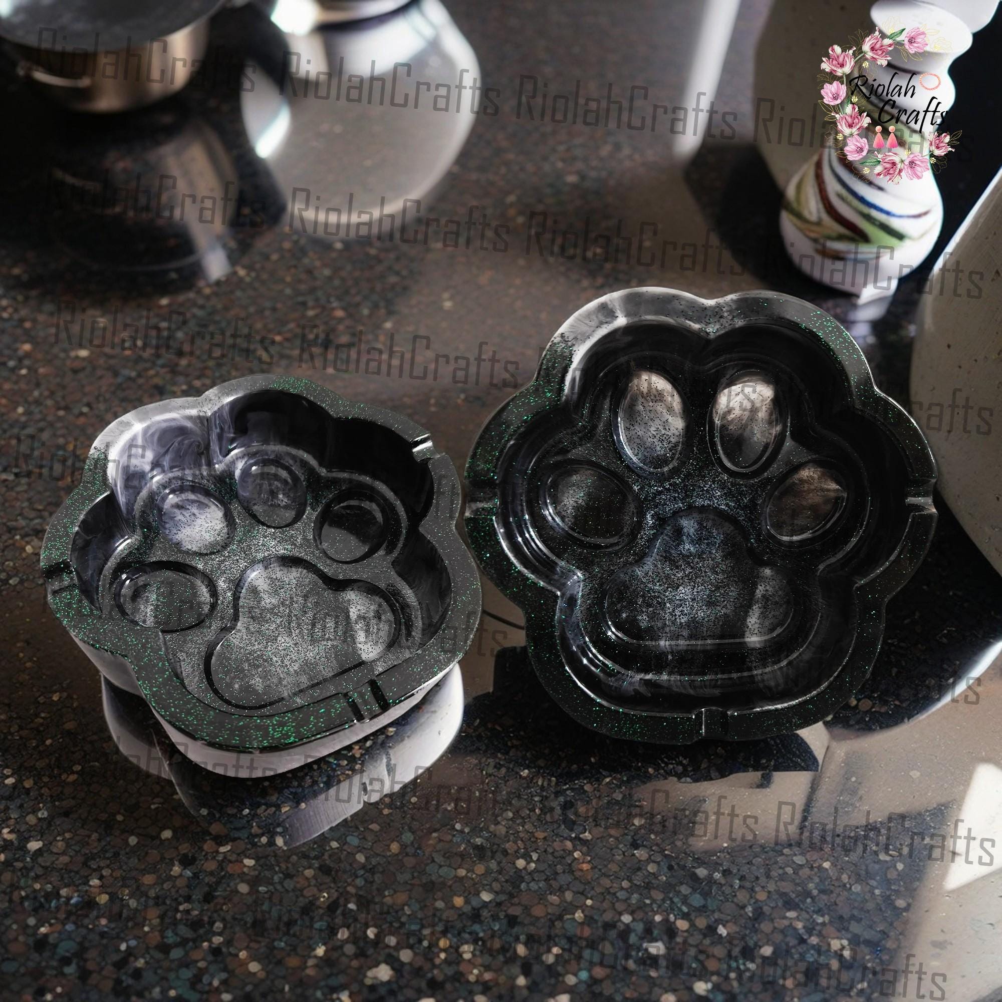 Large Black And White Gradient Glitter Paw Print Ashtray - Storage Tray - Cat And Dog Paw Shape Jewelry Box, Decorative Tray, Ashtray Gift