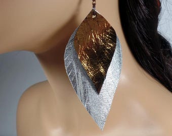 Oversized Silver Copper Leather Fringe Leaf Earrings Feather Statement Lightweight Boho Earrings