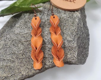 Orange Leather Blood Knot Earrings Unique Boho Statement Twisted Braided Earrings