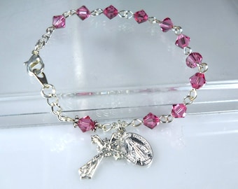 Crystal Pink October Birthstone Rosary Bracelet Catholic Quinceanera RCIA Confirmation Mother's Day Sponsor Gift