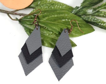 Gray and Black Triple Layered Diamond Geometric Leather Earrings Lightweight Statement Earrings