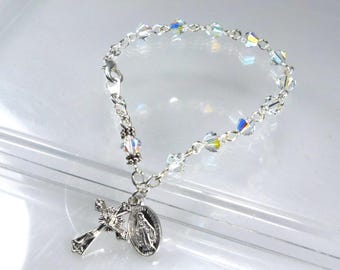 Crystal Rosary Bracelet Quinceanera Confirmation RCIA Catholic Gift Wedding Jewelry April Birthstone