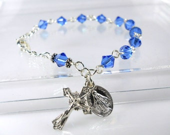 Blue Crystal Sapphire September Birthstone Rosary Bracelet RCIA Bridesmaid Quinceanera Confirmation Sponsor Gift