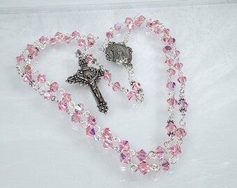 Pink Crystal Rosary RCIA Catholic Confirmation Quinceanera Godmother Mothers Day Sponsor Gift