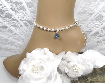 Something Blue Pearl Crystal Bridal Anklet Blue Teardrop Bridal Gift Ankle Bracelet