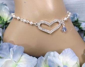 Something Blue Pearl Rhinestone Heart Bridal Anklet Gift for Bride Adjustable Ankle Bracelet Shower Gift Wedding Jewelry