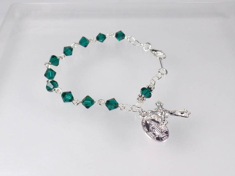 Emerald May Birthstone Crystal Rosary Bracelet Irish RCIA Catholic Quinceanera Sponsor Gift image 3