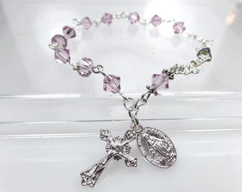 Light Amethyst Crystal June Birthstone Rosary Bracelet Confirmation Quinceanera RCIA Catholic Sponsor Gift
