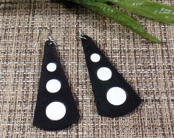 Black and White Geometric Leather Polka Dot Statement Earrings