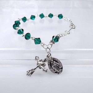 Emerald May Birthstone Crystal Rosary Bracelet Irish RCIA Catholic Quinceanera Sponsor Gift image 1