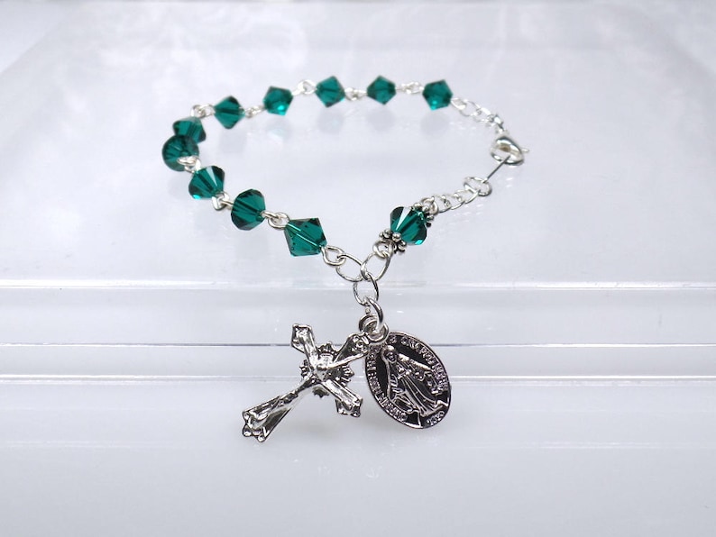 Emerald May Birthstone Crystal Rosary Bracelet Irish RCIA Catholic Quinceanera Sponsor Gift image 1
