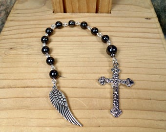 Mens Boys Hematite Angel Wing Pocket Rosary Chaplet Tenner RCIA Confirmation Best Man Catholic Gift