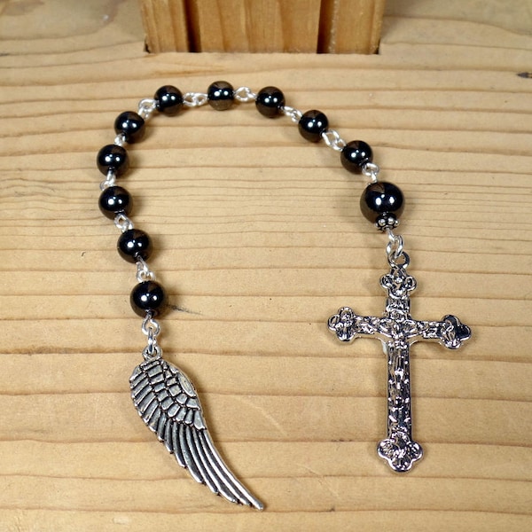 Mens Boys Hematite Angel Wing Pocket Rosary Chaplet Tenner RCIA Confirmation Best Man Catholic Gift