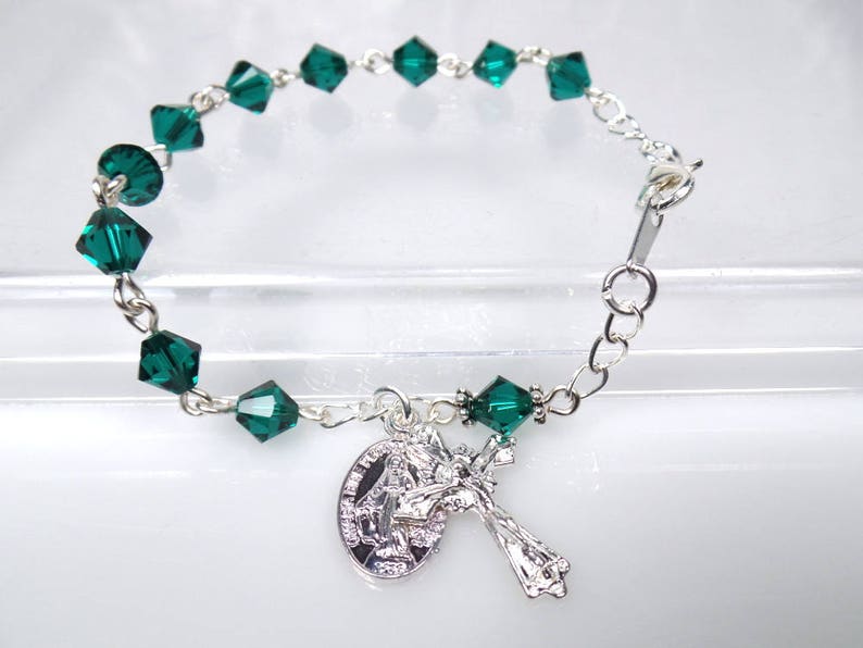 Emerald May Birthstone Crystal Rosary Bracelet Irish RCIA Catholic Quinceanera Sponsor Gift image 2