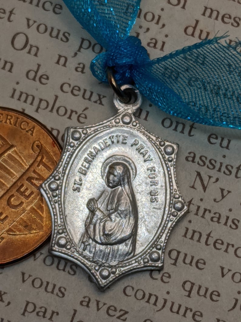 Saint St Bernadette Our Lady of Lourdes Ornate Art Nouveau Catholic Religious Medal Pendant Aluminum