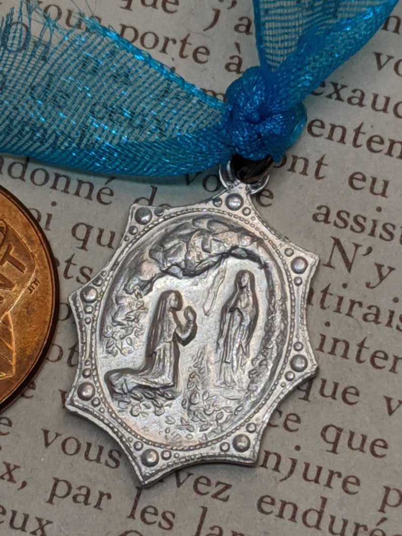 Saint St Bernadette Our Lady of Lourdes Ornate Art Nouveau Catholic Religious Medal Pendant Aluminum