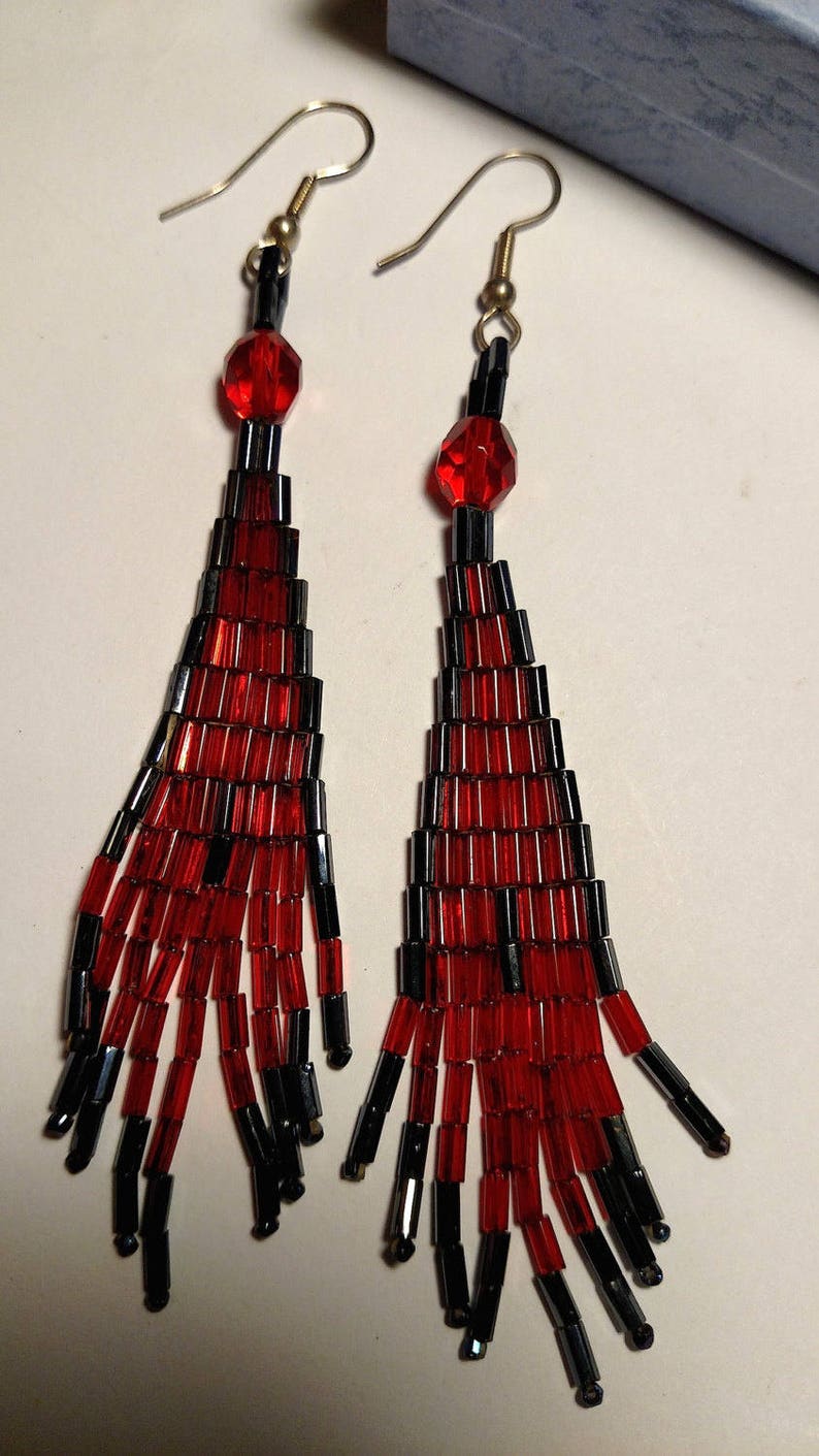 Vintage Mid Century Runway Long Chandelier Shoulder Duster Tribal Glass Bead Earrings Red Black