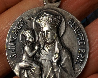 Big Sale Large Signed Karo Vintage French Sterling Silver Saint St Anne Ann De Beaupre Religious Medal Pendant