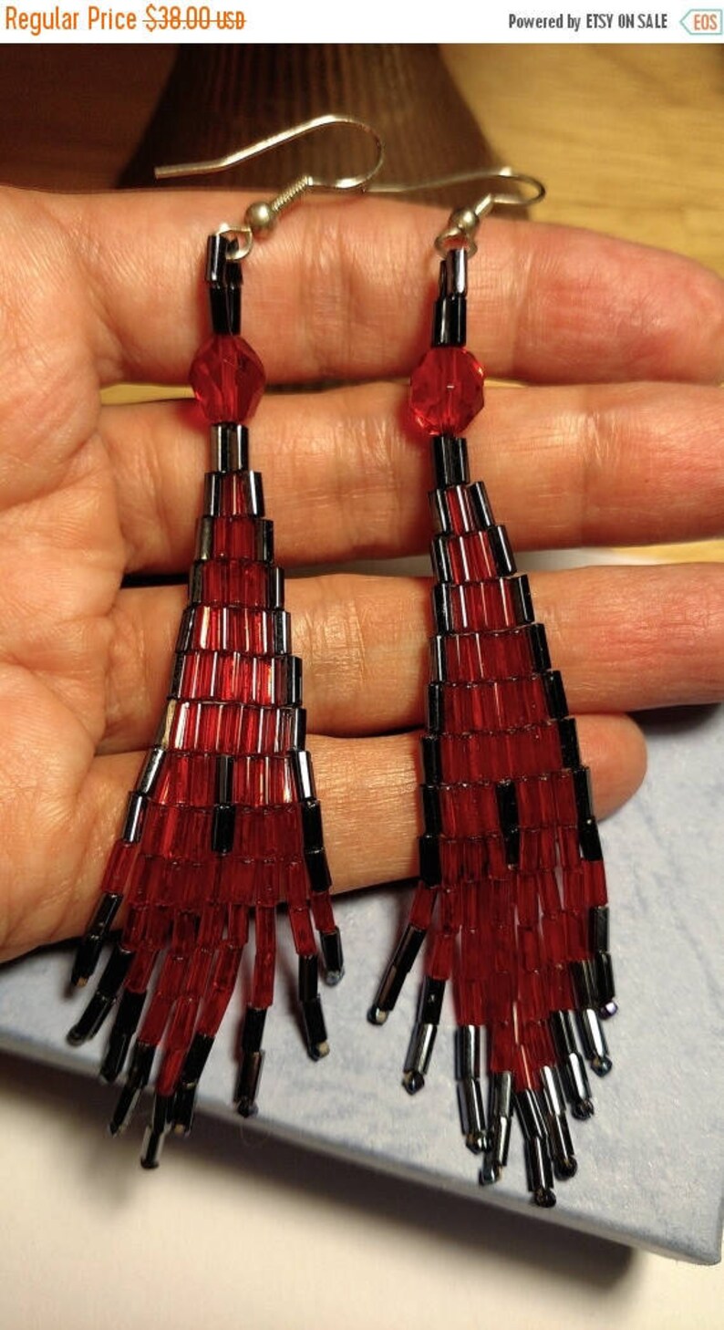 Vintage Mid Century Runway Long Chandelier Shoulder Duster Tribal Glass Bead Earrings Red Black