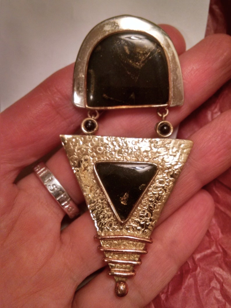 Vintage 1980s Huge Mixed Metal Art Glass Abstract Pendant Brooch Pin Black Gold Copper Silver