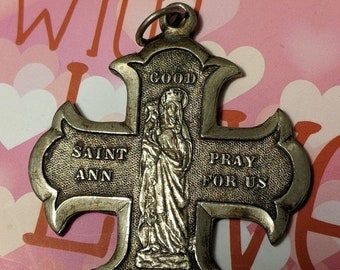 Big Sale Large Silver Vintage Antique Good Saint St Ann Pray For Us Cross Religious Medal Pendant Souvenir