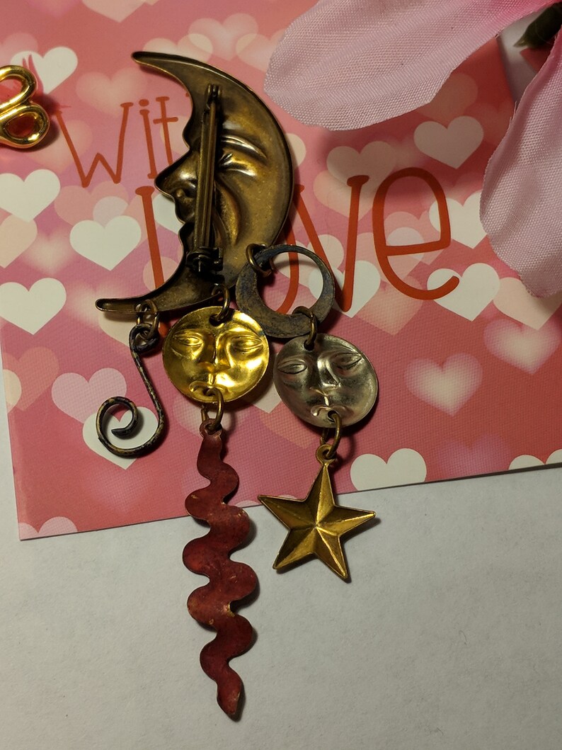 Vintage Art Studio Super Long Crescent Moon Face Mixed Metal Brooch Pin Star Celestial Steampunk Goth Gothic