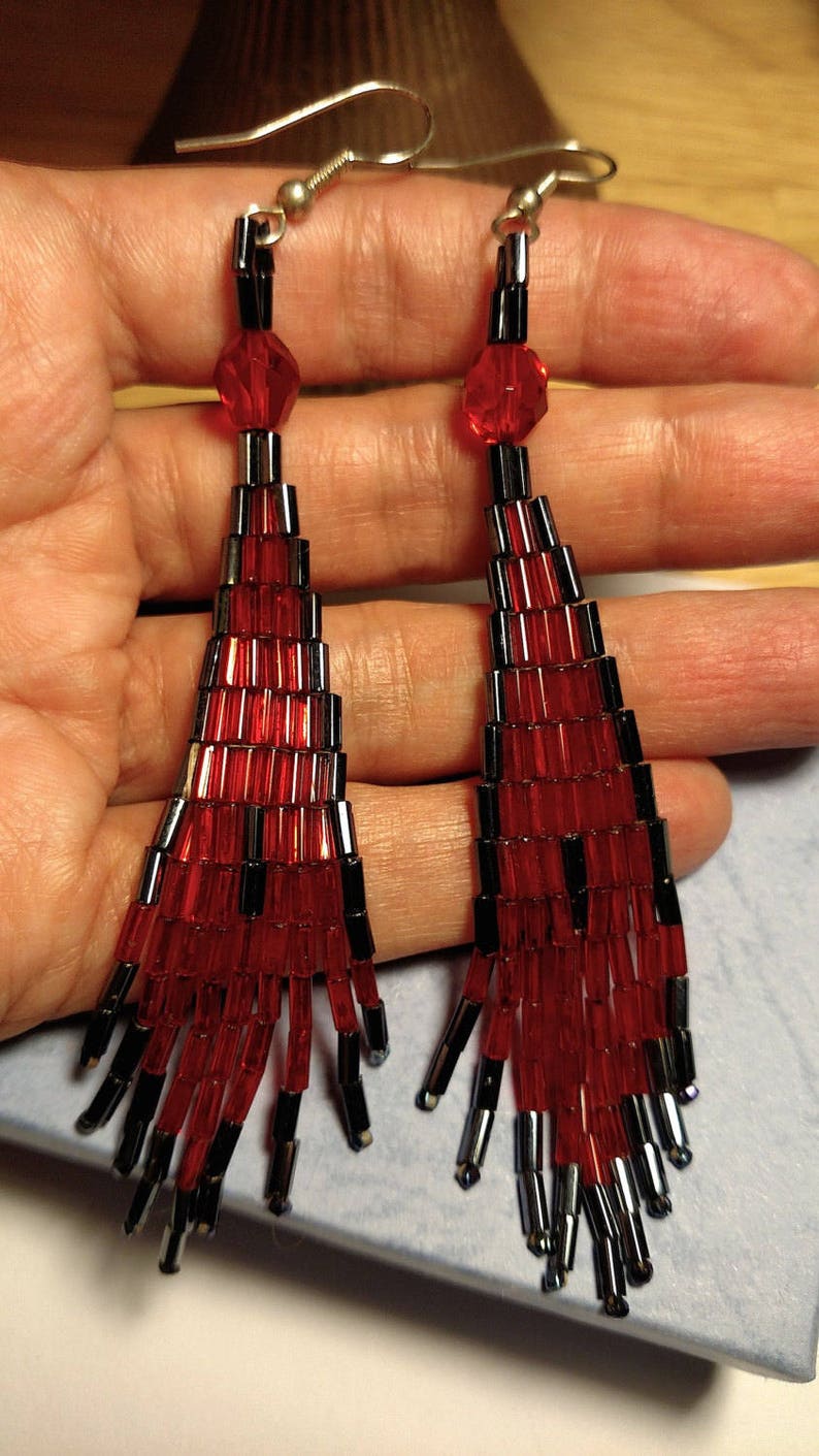 Vintage Mid Century Runway Long Chandelier Shoulder Duster Tribal Glass Bead Earrings Red Black