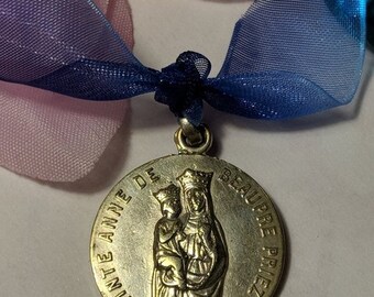 Big Sale Art Deco Vintage St Saint Ann Anne De Beaupre Heavy Silver Plated Religious Medal Pendant