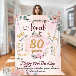 Puede incluir: Manta de color rosa y dorado con estampado floral con el texto "You have been loved for 80 years" y el número 80 en dorado. El texto también incluye el número de meses, semanas, días, horas y minutos en 80 años. La manta también tiene el texto "Happy 80th Birthday to a woman who embodies grace, wisdom, and endless love!"