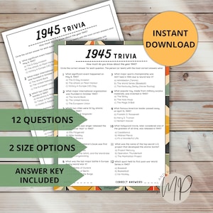 Juego de trivia de 1945 80 cumpleaños Nacido en 1945 Juego imprimible Actividad de fiesta de aniversario para adultos Datos curiosos sobre 1945 Cuestionario Reunión familiar en clase