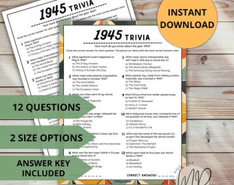 May include: A printable 1945 trivia game with 12 questions about historical events, inventions, and pop culture. The game has two size options and an answer key included. The game is designed with a colourful geometric pattern.