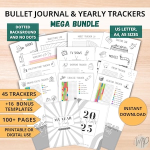 Journal Bundle 2025 Yearly Pixel Trackers Coloring Bullet Journal Pages Premade Undated Digital Planner Inserts Printable PDF A5 A4 USL Dots