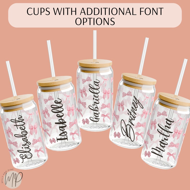 Custom Iced Coffee Glass With Name Pink Bows Coffee Cup With Lid Straw ...