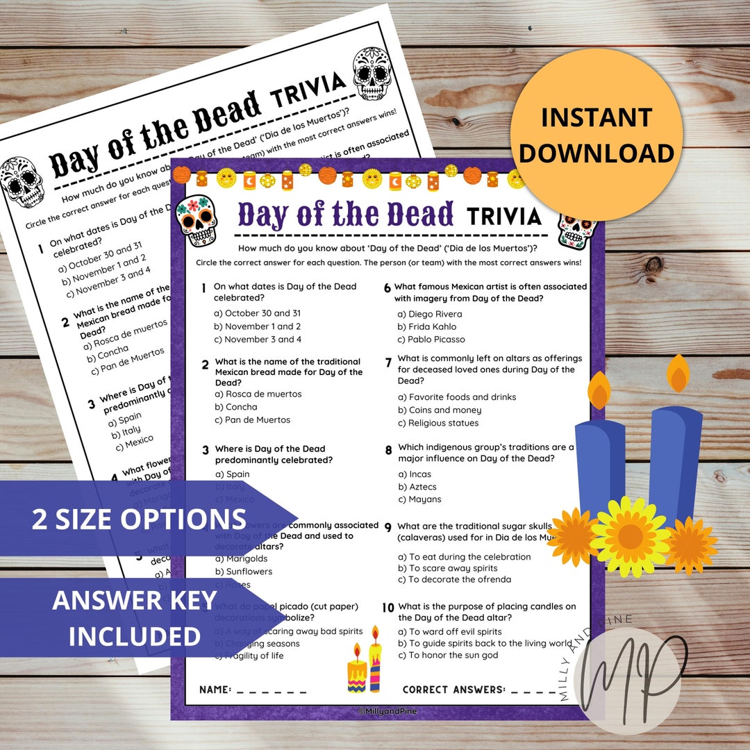 Dia De Los Muertos Trivia Game Printable Activity for Adults Children Family Day of the Dead ...