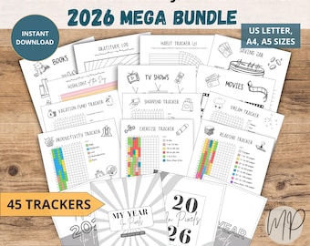 Year in Pixels Trackers Bundle 2026 Yearly Coloring Tracker Bullet Journal Pages Premade Undated Digital Planner Inserts Print PDF A5 A4 USL