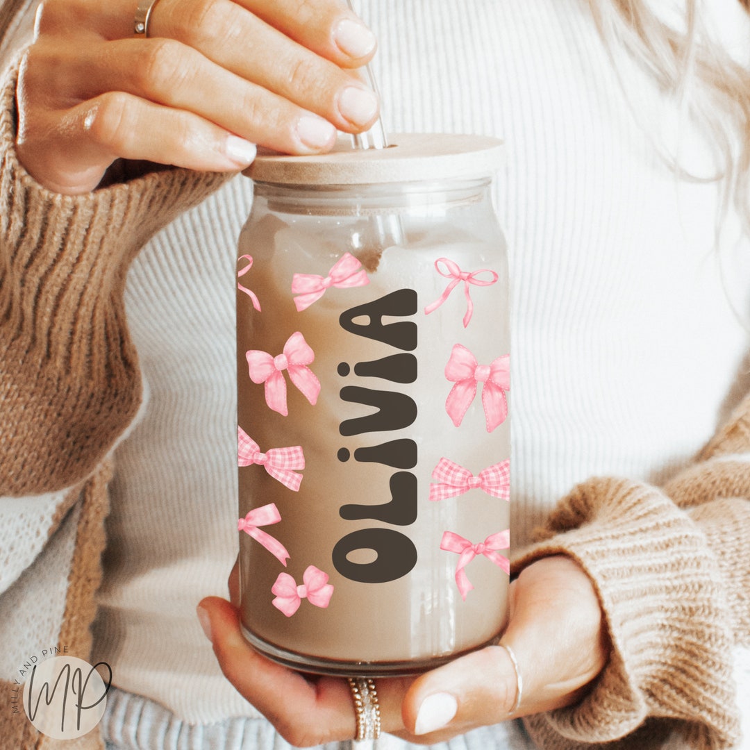 Custom Iced Coffee Glass With Name Pink Bows Coffee Cup With Lid Straw ...