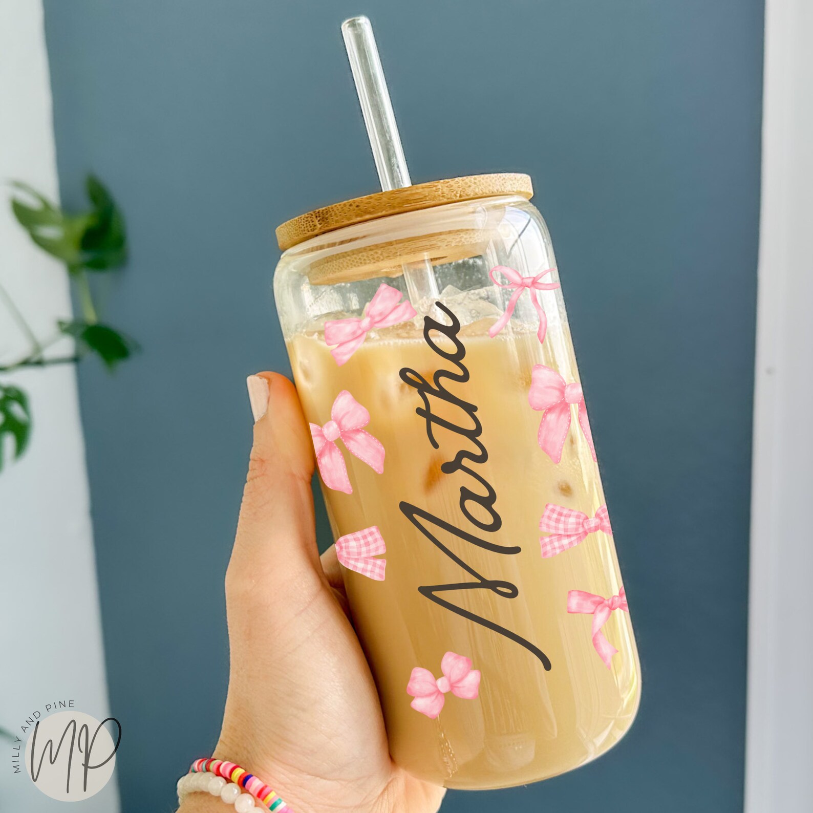 Custom Iced Coffee Glass With Name Pink Bows Coffee Cup With Lid Straw ...