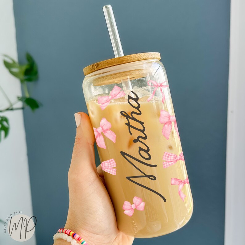 Custom Iced Coffee Glass With Name Pink Bows Coffee Cup With Lid Straw ...