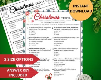 May include: A printable Christmas trivia game with 10 questions. The game is designed to be played with a group of people. The questions are about Christmas traditions, movies, and songs. The game is available for instant download.