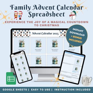 Puede incluir: Una hoja de cálculo digital del calendario de adviento familiar que se muestra en un monitor de computadora, una tableta y un teléfono inteligente. La hoja de cálculo presenta una cuadrícula de cajas de regalo. El texto incluye "Family Advent Calendar Spreadsheet" y "Advent Calendar 2025".