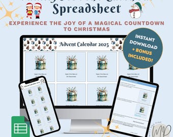 May include: A digital Family Advent Calendar Spreadsheet displayed on a computer monitor, tablet, and smartphone. The spreadsheet features a grid of gift boxes. Text includes "Family Advent Calendar Spreadsheet", "Advent Calendar 2025", and "Instant Download + Bonus Included!"